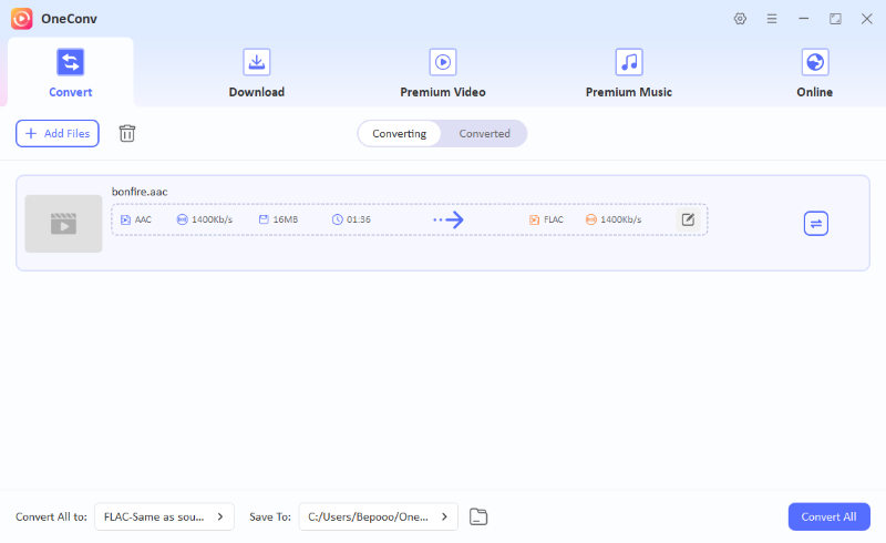OneConv converting FLAC to ALAC