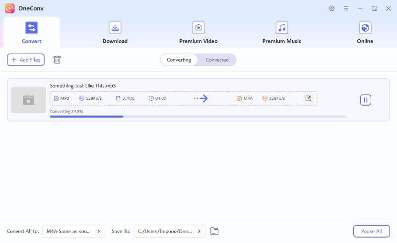 oneconv converting mp3 to m4a