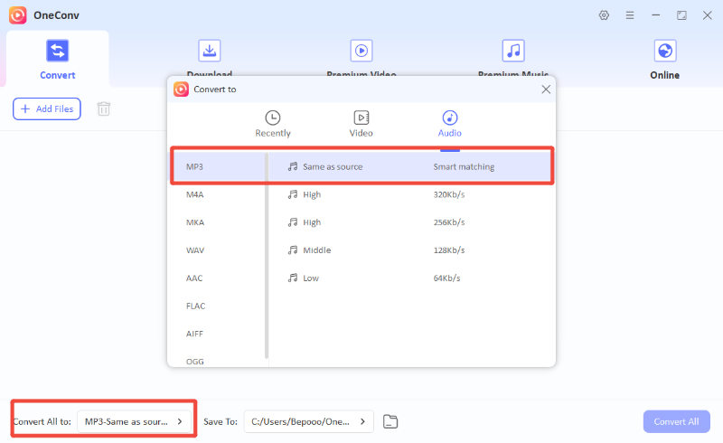oneconv select format mp3